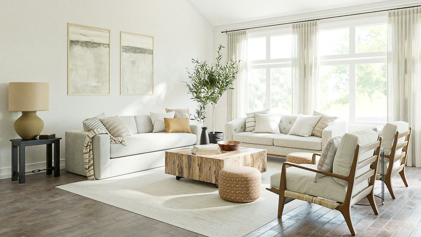 Living room with neutral sofas, wooden armchairs, and coffee table.