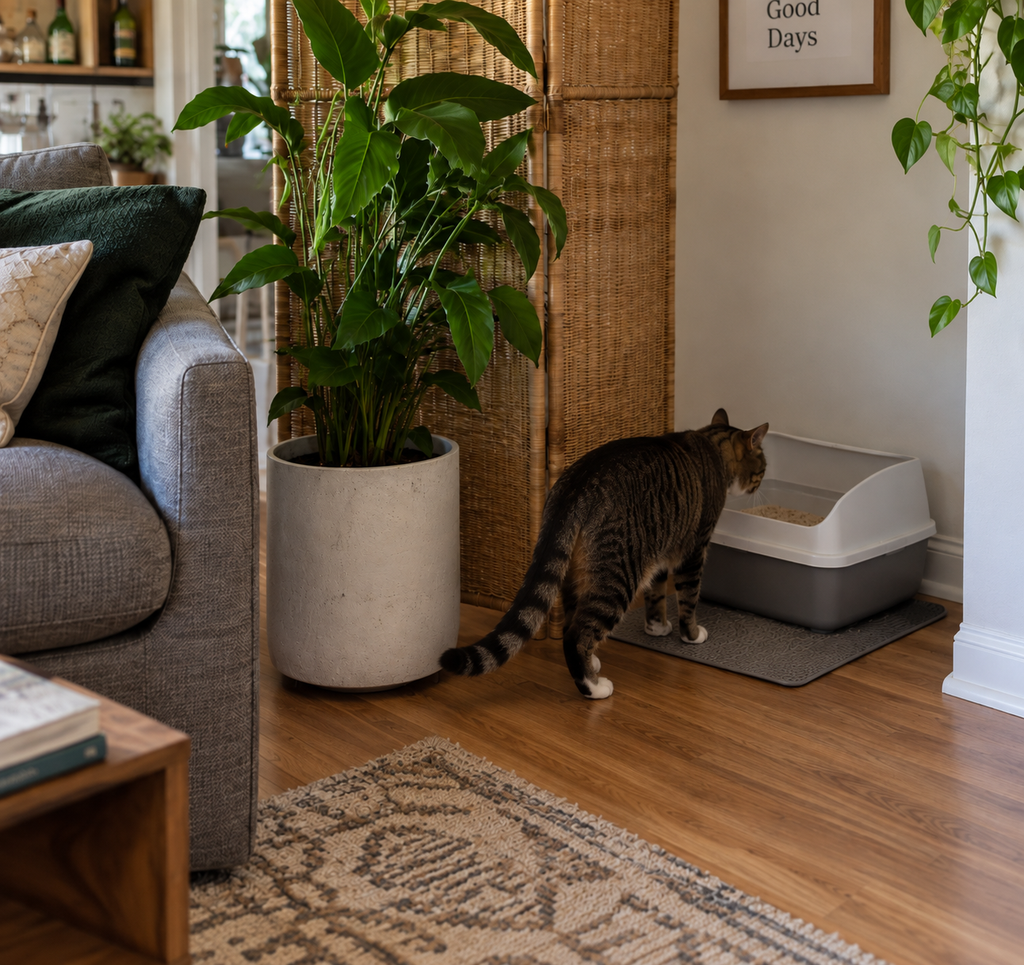 Open litter box partially hidden behind furniture